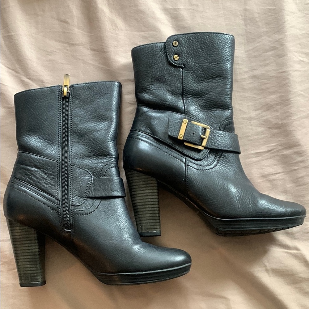 Clarks Black Leather Heeled Boots with Buckle